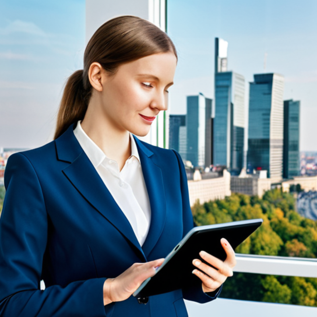 **

"A professional woman in a tailored, modest business suit, standing in a bright, modern Warsaw office overlooking the city skyline. She is holding a tablet displaying data analytics. Natural lighting, perfect anatomy, well-formed hands, appropriate attire, safe for work, professional, family-friendly, high quality."

**