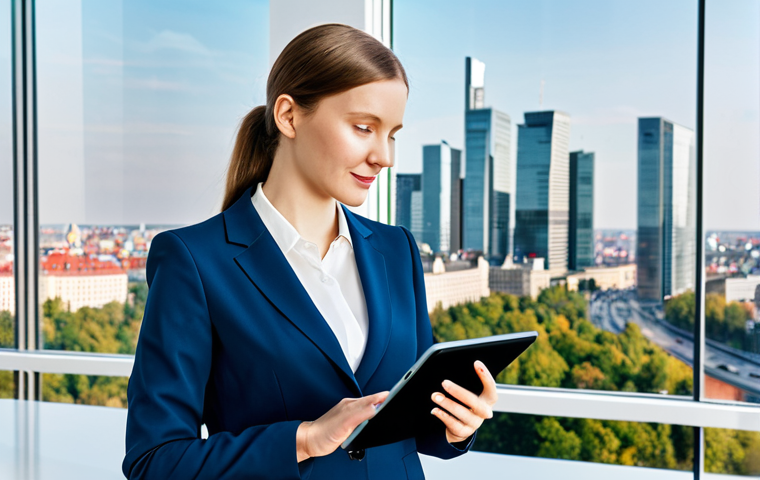 **
"A professional woman in a tailored, modest business suit, standing in a bright, modern Warsaw office overlooking the city skyline. She is holding a tablet displaying data analytics. Natural lighting, perfect anatomy, well-formed hands, appropriate attire, safe for work, professional, family-friendly, high quality."
**