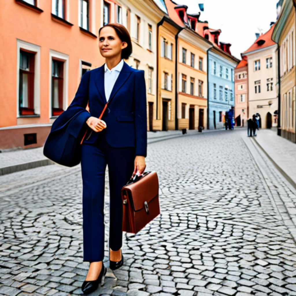 **
A professional businesswoman in a stylish, yet modest, business suit walks through the Old Town of Warsaw, Poland. She is carrying a leather briefcase. Cobblestone streets and colorful buildings create a vibrant backdrop. Fully clothed, appropriate attire, safe for work, perfect anatomy, natural proportions, professional photography, high quality, family-friendly.
**