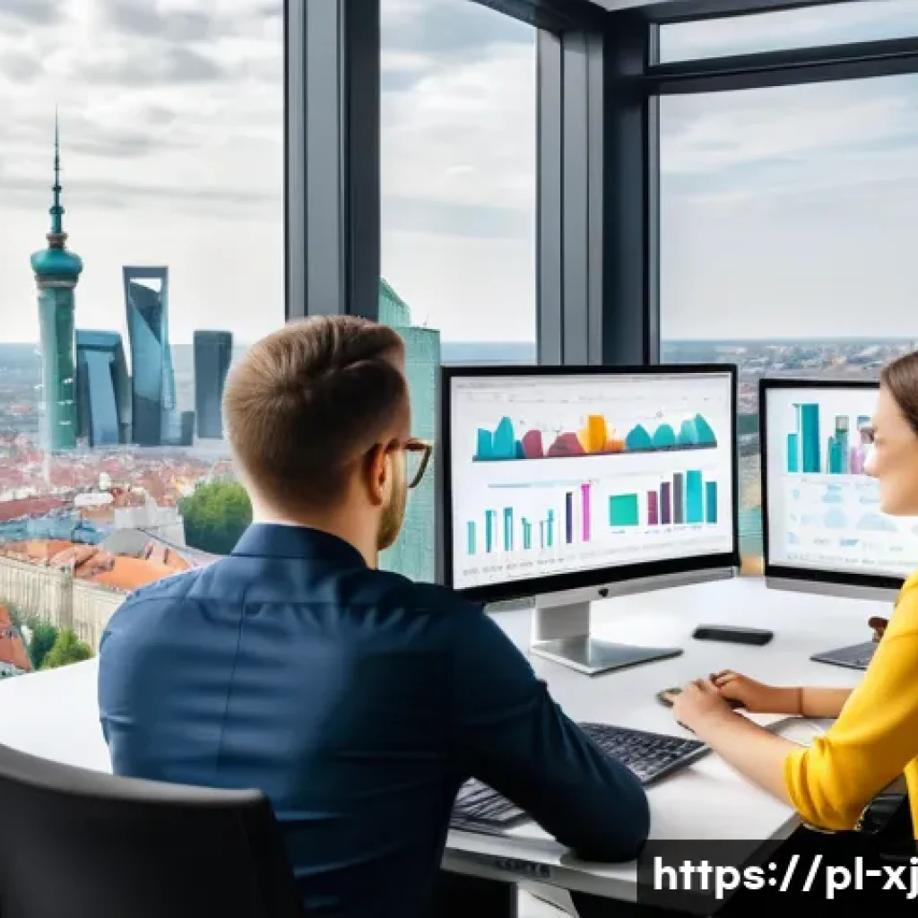 사용자 세그먼트 발굴을 위한 데이터 관리 전략 - A modern office scene in Warsaw, Poland, showing a diverse team of business professionals analyzing ...