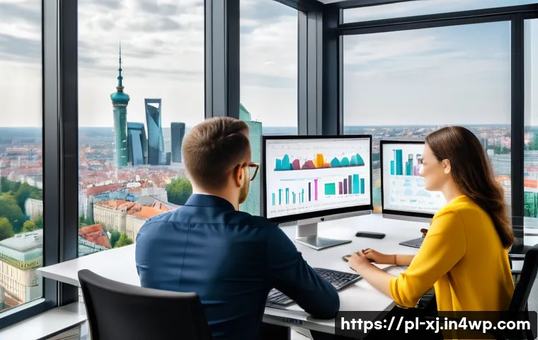 사용자 세그먼트 발굴을 위한 데이터 관리 전략 - A modern office scene in Warsaw, Poland, showing a diverse team of business professionals analyzing ...