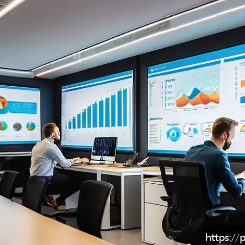 Home 30 세그먼트 분석에서의 경쟁 우위 확보 방법 - A professional marketing team in a modern Polish office, analyzing colorful charts and demographic d...